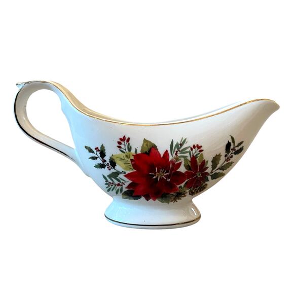 Grace Teaware Christmas Poinsettia Porcelain Footed Gravy Boat New - Picture 1 of 11